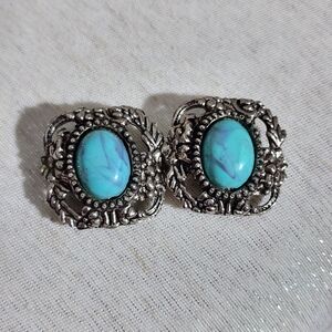 Vintage Silver Tone Faux Turquoise Clip On Earrings